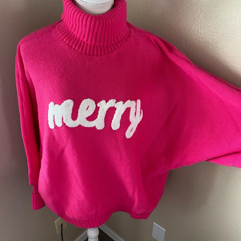 SHEIN Bright Pink Turtleneck Dolman Sweater with white 'Merry' Design, Sz. 1X